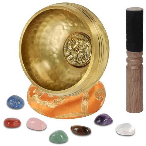 DiDiBirDi Bol chantant traditionnel de 8 cm, avec 7 cristaux de chakras, fabriqué à la main au Népal, pour la méditation et le yoga, idée cadeau pour homme et femme