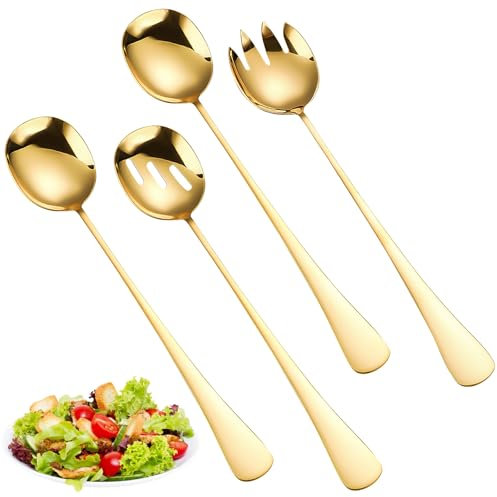 AKONE Lot de 4 couverts à salade en acier inoxydable avec fourchette et cuillère, 28 x 5,5 cm, couverts pour cuisine, salle à manger, camping familial et pique-nique (doré)