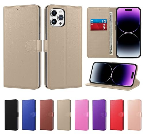New Horrizon Luxury Case for iPhone 15 Pro Max Leather Phone Case Cover,[Life time Support], PU Faux Leather Wallet Flip Magnetic Shockproof Case with Card Slots (Gold, For iPhone 15 Pro Max 6.7)