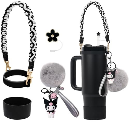 HATOTO Stanley Cup Accessories Set, Cute Kawaii Pom Pom Design Water Bottle Handle Strap, Silicone Boot, Charms for 30/40oz Tumble (Black)