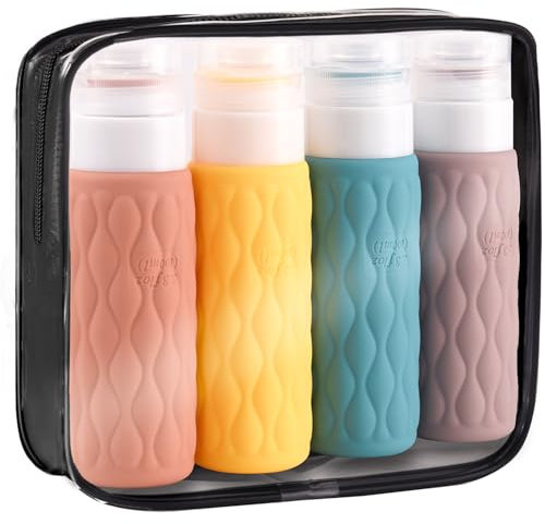 DILUSILK 4 Pack Travel Bottles for Toiletries 100ML Silicone Travel Squeeze Bottles Set with Clear Zipper Toiletry Bag Refillable Squeeze Travel Containers Leakproof