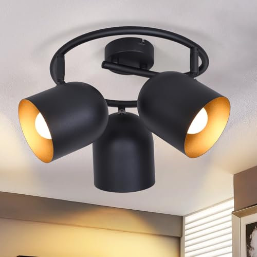 Kowanie Deckenstrahler 3 flammig Deckenleuchte E14 : Vintage Deckenlampe Küche in Schwarzgold Deckenspots rund Strahler Wohnzimmer industrie 350° schwenkbar für Esszimmer Flur - Ohne Leuchtmittel