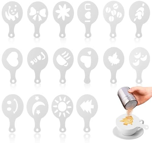 16Stück Kaffee Schablonen für Puderzuckerstreuer, Cappuccino-Schablonen,Ermöglicht das Einfache Dekorieren von Desserts Kaffeee und Kuchen Dekorieren