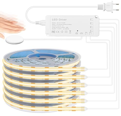 Lichaser 3M Ruban LED COB, 6 Rouleaux de Ruban LED Blanc Chaud 3000K en Parallèle, COB Bande LED Découpable 12V avec Interrupteur Touch Sensor, LED COB pour Cuisine, Chambre, Miroir, Salon