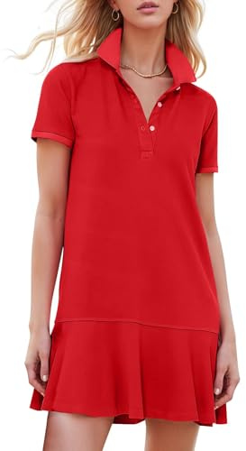 Kissonic Vestido polo de manga corta para mujer, cuello en V, dobladillo con volantes, casual, verano, golf, tenis, mini vestido camisero