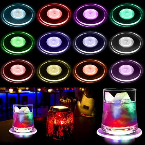 Asfrode Bunt LED Untersetzer, 12 Stück Leuchtende Untersetzer Acryl Wasserdicht Rund Leuchtend Bierdeckel Leuchtuntersetzer für Gläser Flaschen Partys Hochzeiten Bar Weihnachten Pub