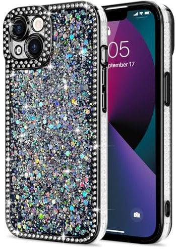 Lafunda for iPhone 13 Case for Womens Girls, Luxury Bling Glitter Diamond Crystal Festival Shiny Case Camera Protection Shockproof Silicone TPU Phone Cover for iPhone 13 6.1, Black