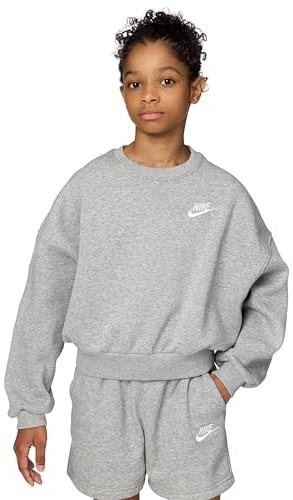 Nike Sportswear Club Fleece Sweatshirt Mit Rundhalsausschnitt Und Kastiger Passform Für Mädchen, Dk Grey Heather/White, FZ9244-063, XS