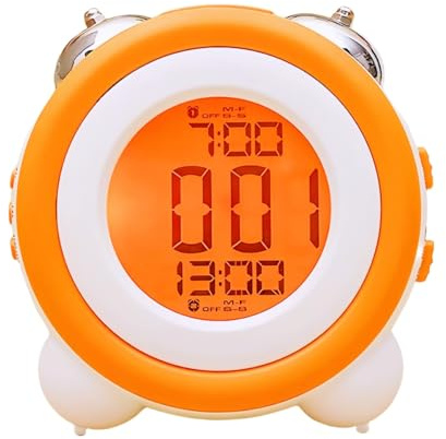 YHFITN Superlauter Wecker, batteriebetrieben mit Doppelglocke, Schlummerfunktion, Lautlos-Modus, Hintergrundbeleuchtung, Datums- und Wochenkalender, Retro-Klingeldesign, ideal fürs Homeoffice (Orange)