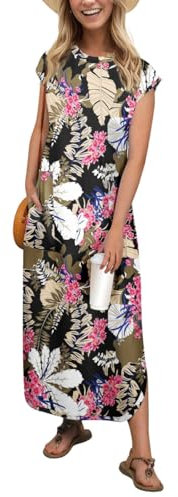 PrinStory Women's Maxi Dress With Pockets Cap Sleeves Summer Dresses For Ladies Casual Lightweight Sundress Beach Wear (Big Leaf Pink,XL)