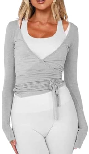 QKCQQTS Haut Court Cache-cœur à Manches Longues Style années 2000 pour Femme, col V Profond, Coupe ajustée, Style féerique, idéal pour Le Yoga et l'entraînement. (Gray,Grand)