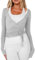 QKCQQTS Haut Court Cache-cœur à Manches Longues Style années 2000 pour Femme, col V Profond, Coupe ajustée, Style féerique, idéal pour Le Yoga et l'entraînement. (Gray,Grand)