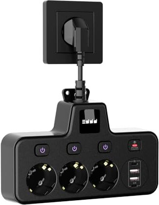 Steckdosenleiste 3-Fach mit 2 USB A und 2 Typ-C Schnellladeports, Berührungsscreen-Nachtlampe (3 Helligkeitsstufen). Steckdosenstecker mit Einzelschaltern für Büro, Hause, Reisen. schwarz