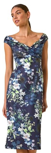 Roman Originals Off The Shoulder Floral Dress for Women UK - Ladies Everyday Holiday Spring Summer V-Neckline Comfy Soft Evening Vacation Work Party