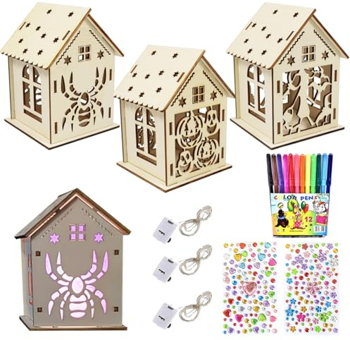 3-teiliges Halloween Haus Basteln Holz, Halloween Basteln Kinder, LED Helloween Teelichthaus, LED Haus Bausatz, DIY Bastelns Dekoration zum Bauen und Bemalen für Party Kinder Geschenke