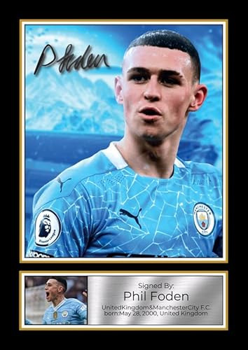 Phil Foden Signed Autographed Portrait Poster Print – Manchester City & England Football Memorabilia Wall Art for Fans & Collectors, A3 Poster + Silver Frame