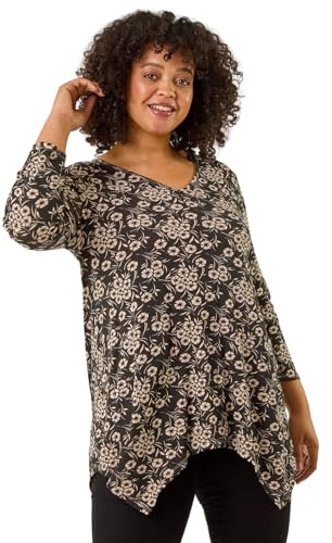 Roman Originals Women Asymmetric Top Ladies Hanky Hem Blouse Stretchy Tunic Occasion Smart Casual Summer Sprint Winter Autumn Cocktail Party Evening 3/4 Short Sleeve