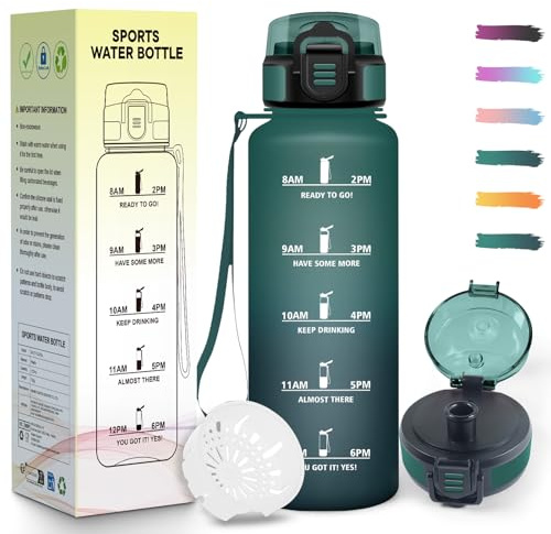 Mulbijeo Gourde 1,5L, Motivant et Étanche, Bouteille D'eau Sport, Réutilisable, Bouteille, Marqueur Horaire, Gourde Graduée pour 1 Journee, pour Salle de Sport, Travail, Camping, Randonnée