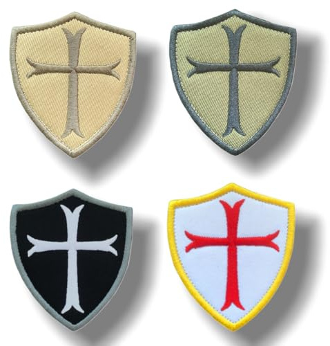4 Stück Christlich Cross Shield HOOK LOOP Stickerei patch,Tempelritter Kreuzschild Taktik Abzeichen Patches für Hüte Kleidung Jeans Uniform Weste Cowboy Kleidung Taschen Rucksäcke