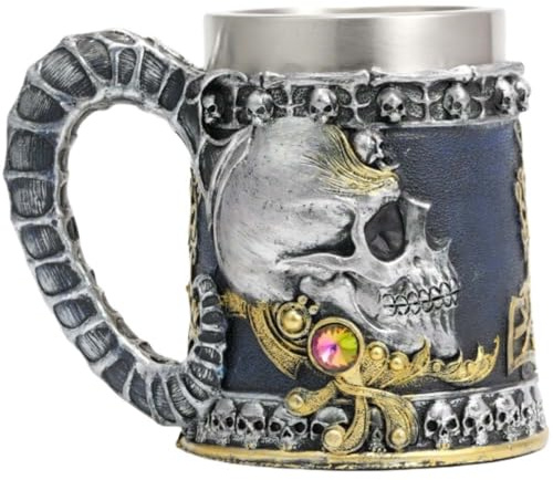 ZONSUSE Gothic Totenkopf Bierkrug, Schädelkrug mit Dämonenhorn-Griff, Mittelalterlicher Trinkkrug aus Edelstahl, Geschenk für Männer, Geburtstag, Weihnachten, Halloween, Gothic Dekor 600 ml(Dämon)