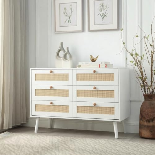 Home Treats White Rattan Storage Chest of 6 Drawers, Wooden Organiser for Bedroom, Living Room, Office Furniture Rustic Country Rattan Weave (6 Drawer Chest)