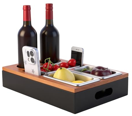 YOUNTHYE Couch Bar Snack Box, Wooden Sofa Tray with 3 x Removable Snack Bowl and Multiple Storage Spaces, Sofa Organiser for Snacks, Drinks, Wine Glasses