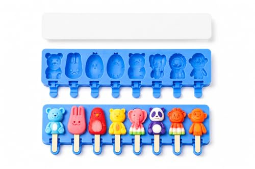 Molde Premium de Silicona para Helados Animales 8 Cavidades para Helados Caseros y Polos Reutilizable Antiadherente Fácil de Desmoldar Libre de BPA para Niños Incluye Ebook QR con Recetas