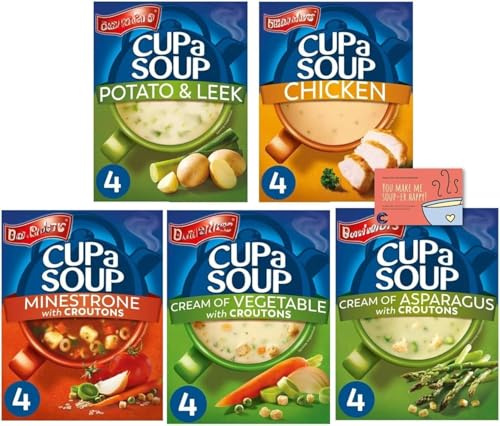 Cup a Soup Variety Pack - Potato & Leek, Chicken, Minestrone, Cream of Vegetable, Cream of Asparagus - 20 Servings, 5 Flavors, Total 521g
