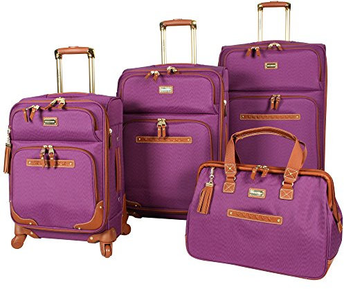 Steve Madden Designer-Gepäckkollektion – 4-teiliges Softside-Koffer-Set, erweiterbar, leicht, Reise-Set beinhaltet eine Tragetasche, 50,8 cm Handgepäck, 61 cm und 71,1 cm Karierte Koffer, violett,