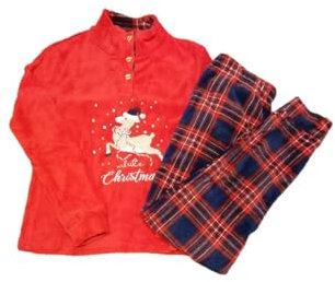 Pigiama Donna Invernale Micro Pile Caldo e Morbido (L, Rosso/Bianco)