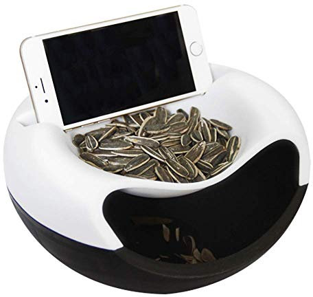 Lazy Snack Schale Handy Halterung, Servier Schale Schüssel für Snacks, Nüsse, Kerne, Obstschale mit Handy Halter, 2 in 1 Doppelschichten Kunststoff Snackschale (Weiß)