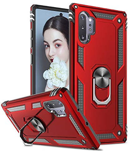 LeYi Schutzhülle für Samsung Note 10 Plus mit Ringhalterung, doppellagig, Silikon, stoßfest, Rüstung Schutzhülle für Samsung Galaxy Note 10+ Plus/10 Pro, Rot
