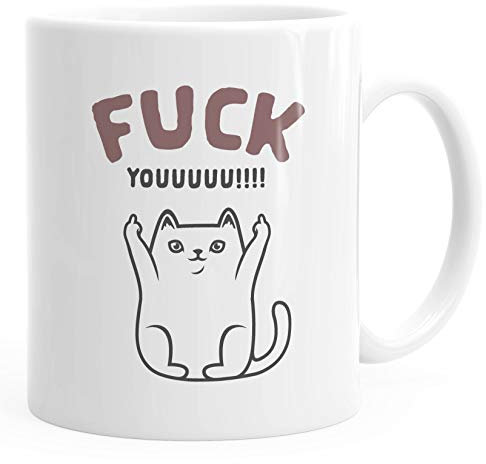 MoonWorks® Kaffee-Tasse Becher Fuck Youuu! Schriftzug Katze-Motiv Mittelfinger Bürotasse weiß Keramik-Tasse