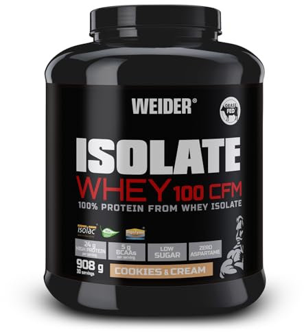 Weider Isolate Whey 100Cfm, 100% Aislado de Proteina de Suero, Cero Azúcar, Cero Aspartamo, con Stevia, con Dygezime, con Bcaa, para Veganos, Isolac, Keto, Negro, Sabor Cookies, 908 Gramos