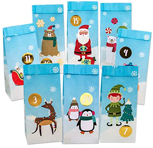 Papierdrachen Premium Adventskalender 2024 - zum Befüllen - Weihnachten zum Aufkleben - mit 24 Schneelandschaft bedruckten Papiertüten und tollen Stickern für Kinder - Weihnachten