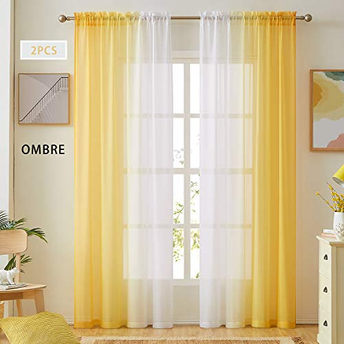 Ombre Kunstleinen Sheer Vorhänge für Schlafzimmer Wohnzimmer Stangentasche, Sichtschutz und Lichtfilterung, 2 Farbtöne, wendbare Farbverlauf, Voile, Halbfenstervorhänge, gelb, 137 x 213 cm Länge