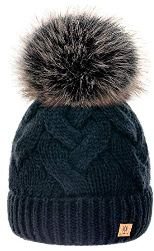 MFAZ Morefaz Ltd Winter Damen Strickmütze Beanie Wurm Mohair Wolle Fleece Bommel Pom Pom (Kama Black)