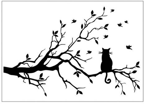 PiniceCore Schwarze Katze auf Baum-Zweig-Wandaufkleber Haus Wohnzimmer Schlafzimmer Hintergrund Removable Art Aufkleber DIY Dekoration Wand-Aufkleber