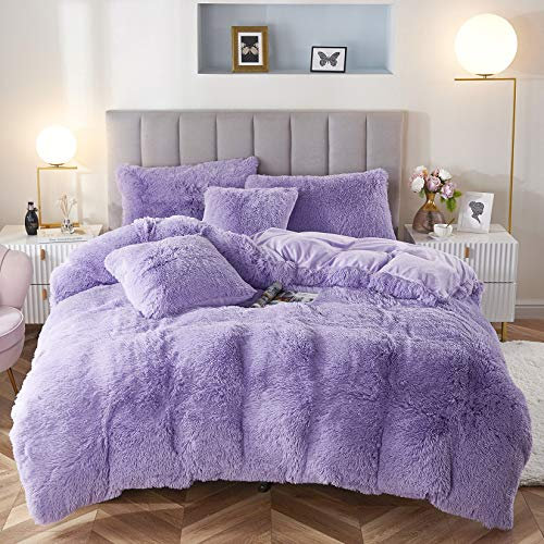 Uhamho Flauschiges Bettwäsche-Set aus Kunstpelz, Samt, Daunendecke mit Kissenbezügen, ultraweich, warm (Flieder, King-Size)