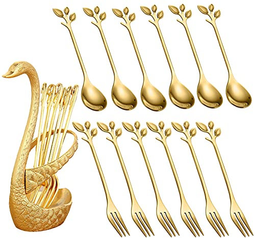 Gold Mini 13-Piece Swan Spoon Holder Set with Spoons and Forks for Coffee, Tea, and Dessert Table