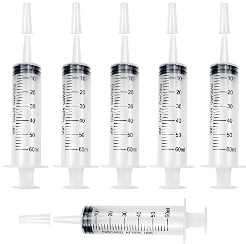 Jeringuillas 6 Piezas 60ml Jeringa de Plástico con Tapón Cierre Estéril sin Aguja Jeringas Dosificadora para Laboratorio Scientíficos Industrial de Alimentación de Animales Medición Dispensación Riego