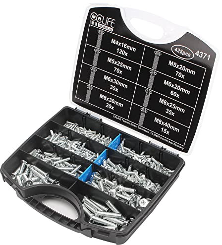 CCLIFE 425tlg Schrauben Set, Kreuschlitz Senkkopfschrauben DIN 965 Flach Knopf Stahl Verzinkt M4 M5 M6 M8