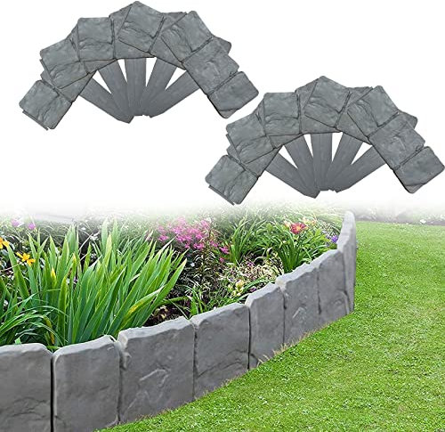 10 Stücke Rasenkante Kunstoff in Steinoptik 2,5m Beetumrandung Mähkante Beeteinfassung Randsteine Kunststoff für Palisade Garten, Rasenkante zum Stecken, Kunststoff, Anthrazit, 25x23cm,Grau