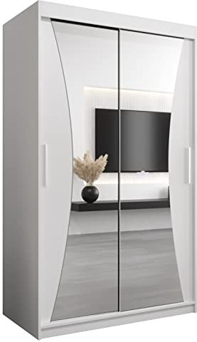ABIKSMEBLE Monaco 120 Armario 2 Puertas Correderas para Dormitorio - Armario Moderno con Espejo, Barra y Estantes - 120x200x62 cm (Ancho x Alto x Fondo) - Bianco Mate
