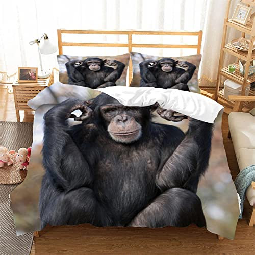 Schimpansen-Affe Bettwäsche 135×200 Weiche Mikrofaser 3d Druck Wilde Tiere Bettbezug mit Reißverschluss Für Kinder Zimmer Dekor Jungen Mädchen 3 Teilig Bettwäsche Set mit 2 Kissenbezüge 80×80 cm