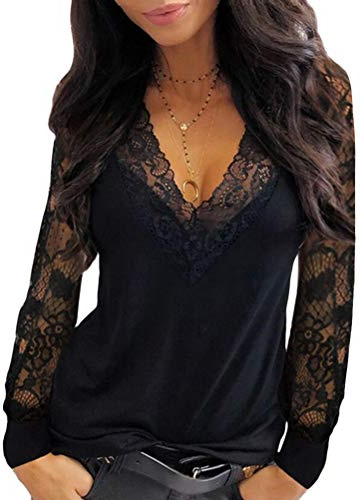 ORANDESIGNE Chemisier Sexy Femme Tunique Haut Manches Longues Évidé Top Automne Blouse Dentelle Chemisier Col V T-Shirt Chic