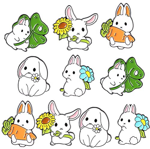 LUOZZY 10 Stück niedliche Häschen Karotte Brosche Ostern Emaille Pins Set Cartoon Kaninchen Blume Abzeichen Hüte Taschen Rucksack Anstecknadeln Zubehör für Kinder Mädchen Metall ohne Edelstein,