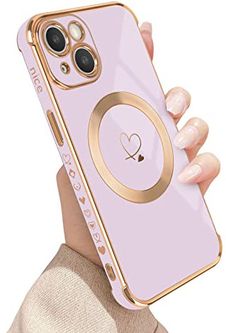 Newseego Magnetic Case for iPhone 13 Case [Compatible with MagSafe], Flexible Soft Silicone Protective Phone Case with Cute Love Heart Pattern Golden Rim Shockproof Bumper Cover for iPhone 13-Purple