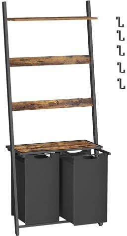 VASAGLE Laundry Basket, 2-Section Laundry Hamper with Blanket Ladder, Pull-Out and Removable Liners, 2 Shelves, 5 Hooks, 2 x 46L, 73 x 33 x 177 cm, Rustic Brown and Black BLH221B01