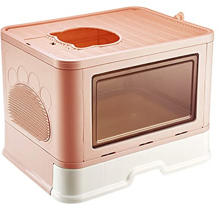 Bac à Litière pour Chat,Grande Maison de Toilette Chat Pliable avec Couvercle,Bac de Tiroir et Pelle à Litière,Portable,WC pour Chats avec Couvercle 48,5 * 36,5 * 38 cm PP-Rose